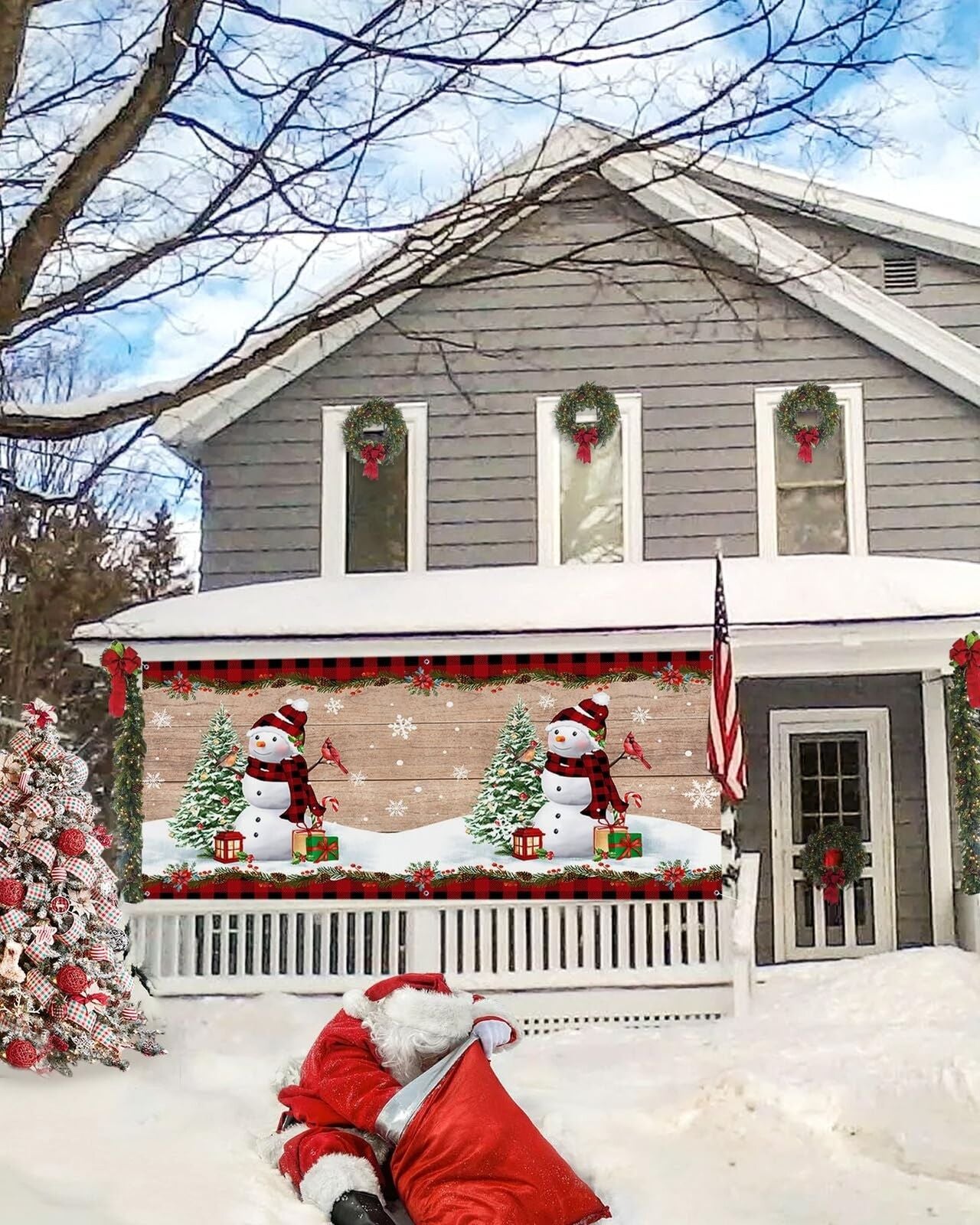 Christmas Garage Door Banner Cover 7 X 16 Ft, Christmas Tres Snowman Snowflak...