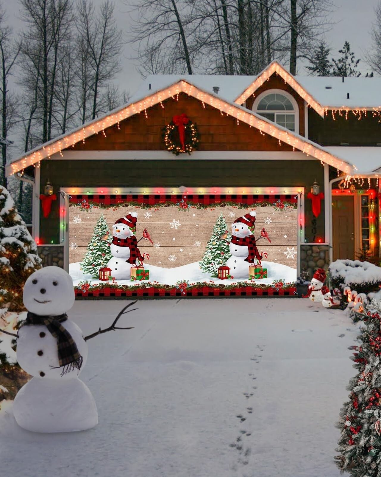 Christmas Garage Door Banner Cover 7 X 16 Ft, Christmas Tres Snowman Snowflak...