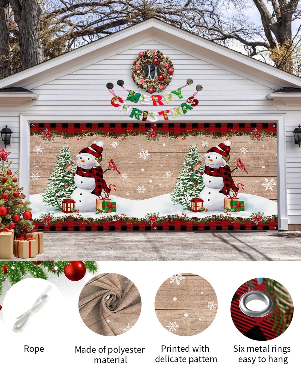 Christmas Garage Door Banner Cover 7 X 16 Ft, Christmas Tres Snowman Snowflak...